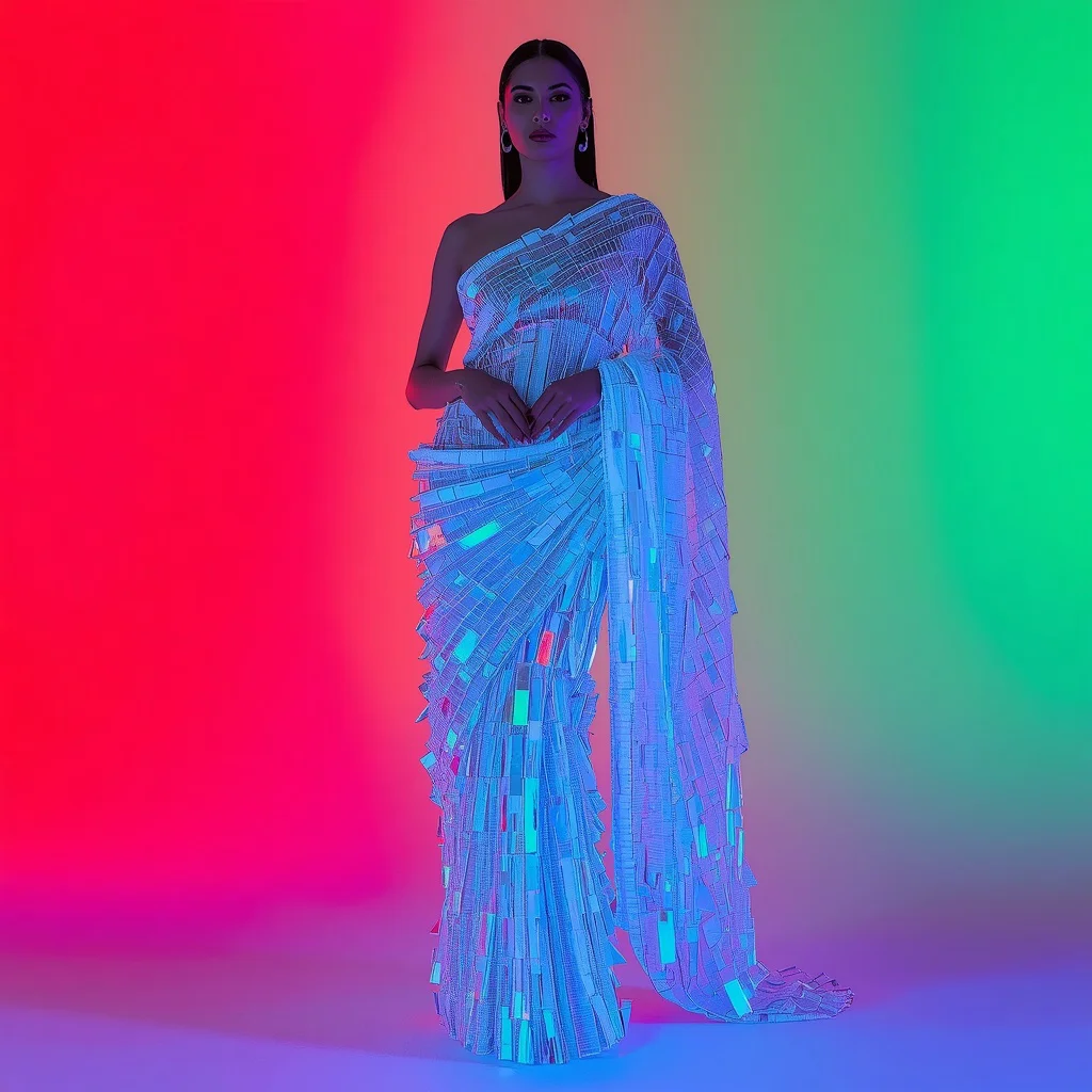 3D Holographic Prismatic Glass Panel Saree with Heavy Laser Mesh | trending purple saree prompt instagram - Classic Pastel Silk Saree AI Image Prompts for Subtle Sophistication AI Prompt