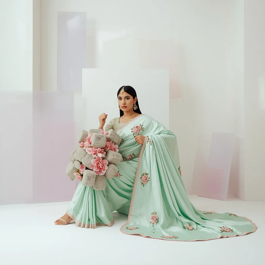 3D Silk Florals & Heavy Kundan Blocks Saree | Superhero Landing Floor Punch Pose | prompt for girls college aesthetic - Best 10 Serene Child Saree AI Prompts for Forest Stream Contemplation AI Prompt