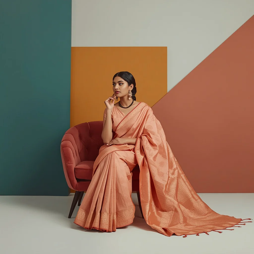 Advanced Festive Saree Draping: Elegant Seated Pose in Peach Kanjeevaram Silk with Modern Geometric Background | prompt trending girl - Top 10 Charming Teen Saree AI Image Prompts for School Band Concerts AI Prompt