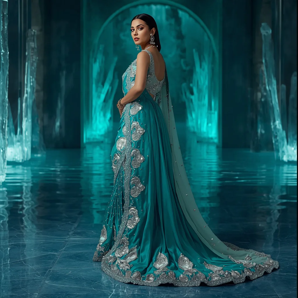 Aqua Diamond Moon Saree – Heavy Ocean Glam Saree with Side Pose and Diamond Moon Ocean Palace Background | prompt for Gemini girl style trending - New 10 Playful Young Girl Saree AI Prompts for Story Time Sessions AI Prompt