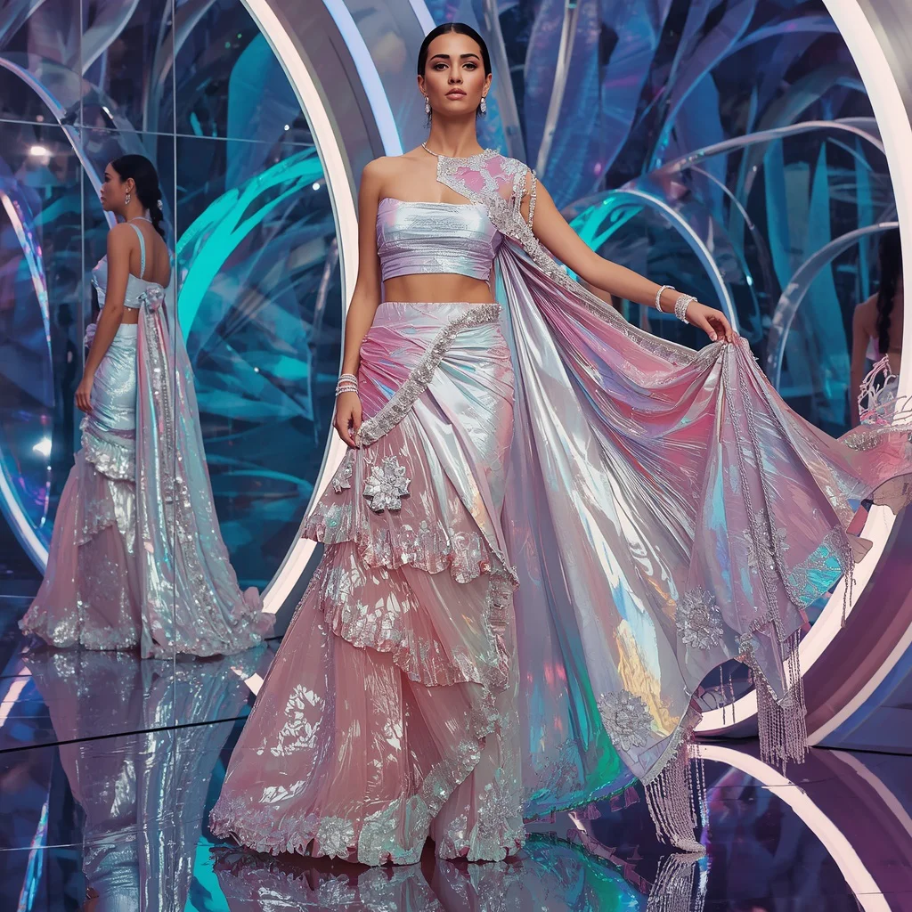 Aurora Prism Goddess Saree with Floating Neon Mirrors | saree prompt for gemini girl in english - Classic Khadi Saree AI Image Prompts for Authentic Simplicity AI Prompt