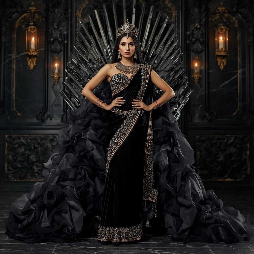 Black Crystal Crown Saree – Heavy Royal Glam Saree with Standing Pose and Dark Crystal Throne Background | prompt for traditional look for girl chatgpt instagram - Ethereal Pastel Handloom Saree AI Prompts for Serene Retreats AI Prompt