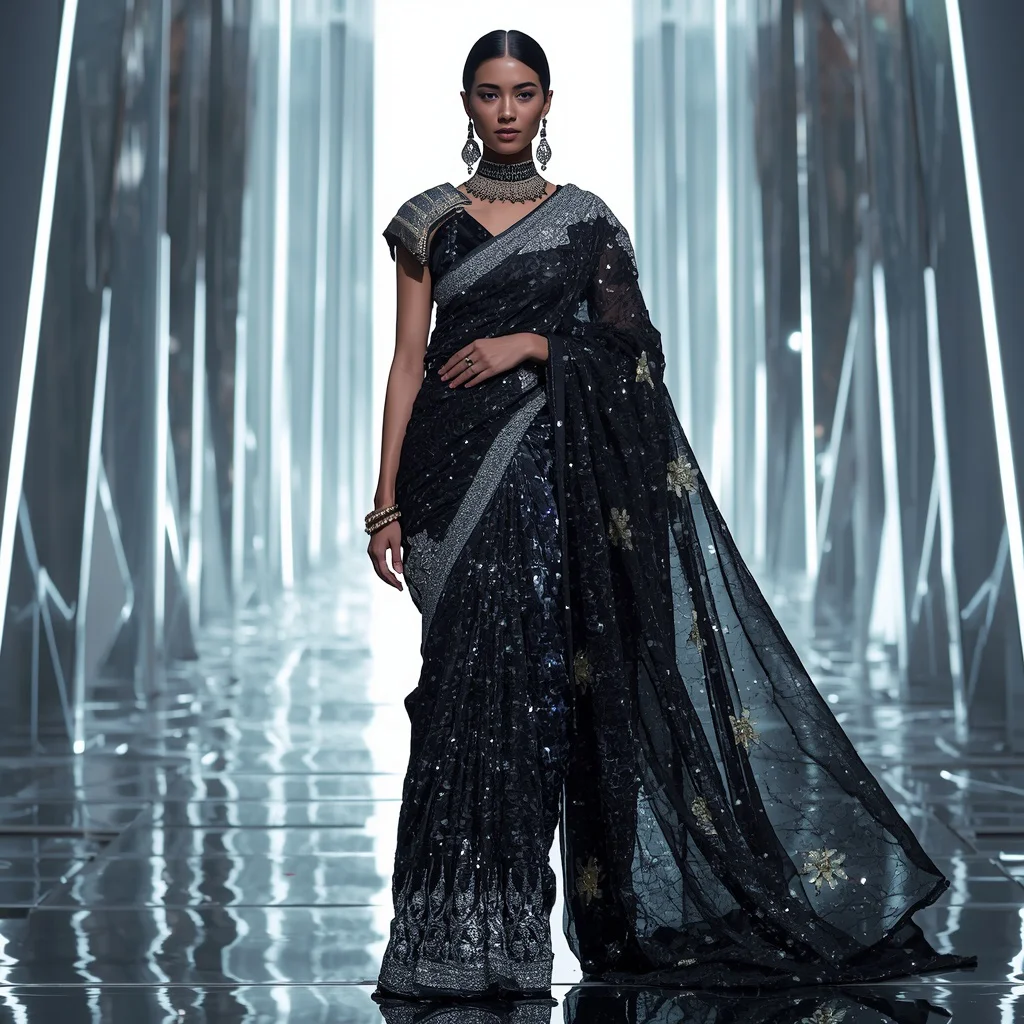 Black Diamond Imperial Saree with Monolithic Light Palace | traditional saree prompt for chatgpt in english - Top 10 Charming Teen Saree AI Image Prompts for School Art Exhibitions AI Prompt
