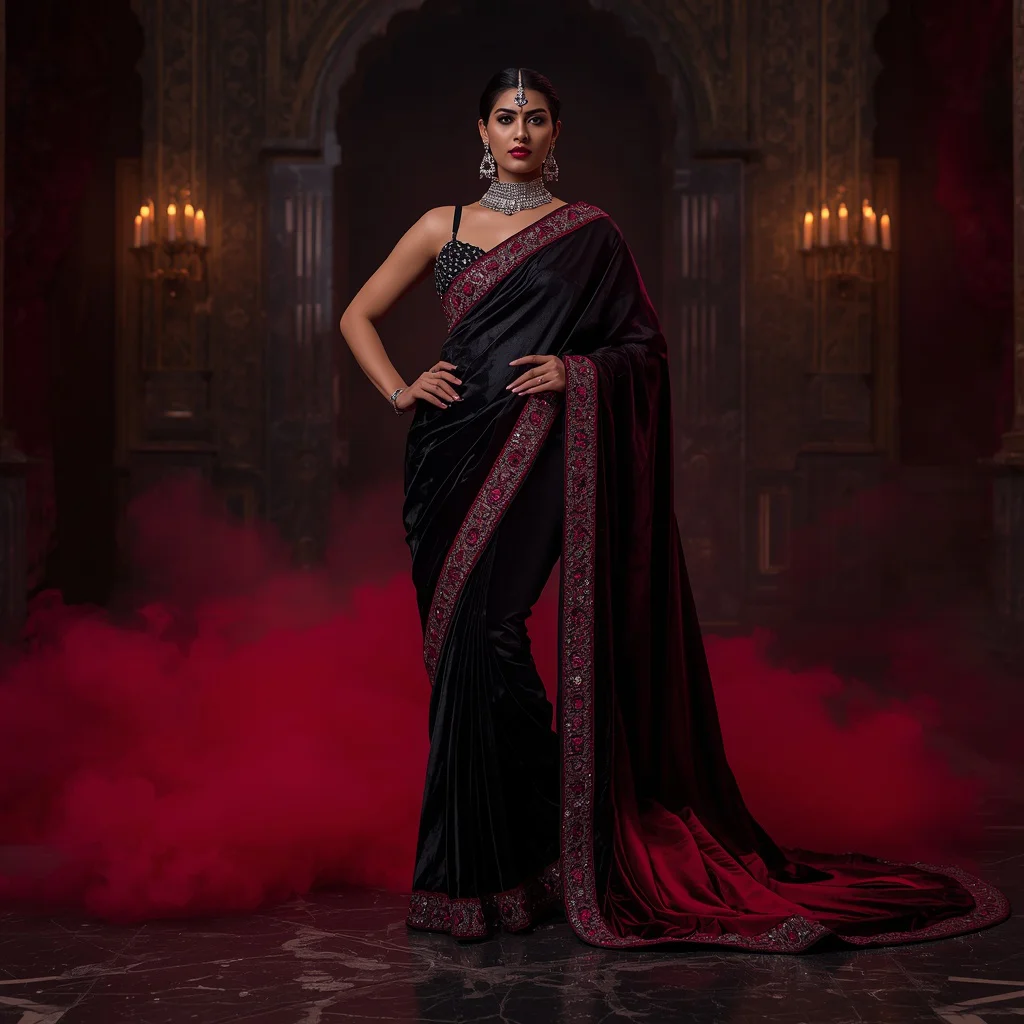 Black Ruby Aurora Saree – Heavy Royal Glam Saree with Standing Pose and Ruby Aurora Palace Background | trending prompt copy paste - New 10 Playful Young Girl Saree AI Prompts for Story Time Sessions AI Prompt