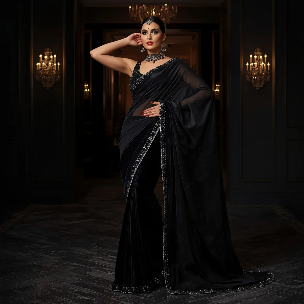 Black Velvet Aurora Saree – Rich Glam Saree with Standing Pose and Black Aurora Hall Background | traditional saree prompt for wedding - Traditional Sambalpuri Ikkat Saree AI Prompts for Odisha Festivals AI Prompt
