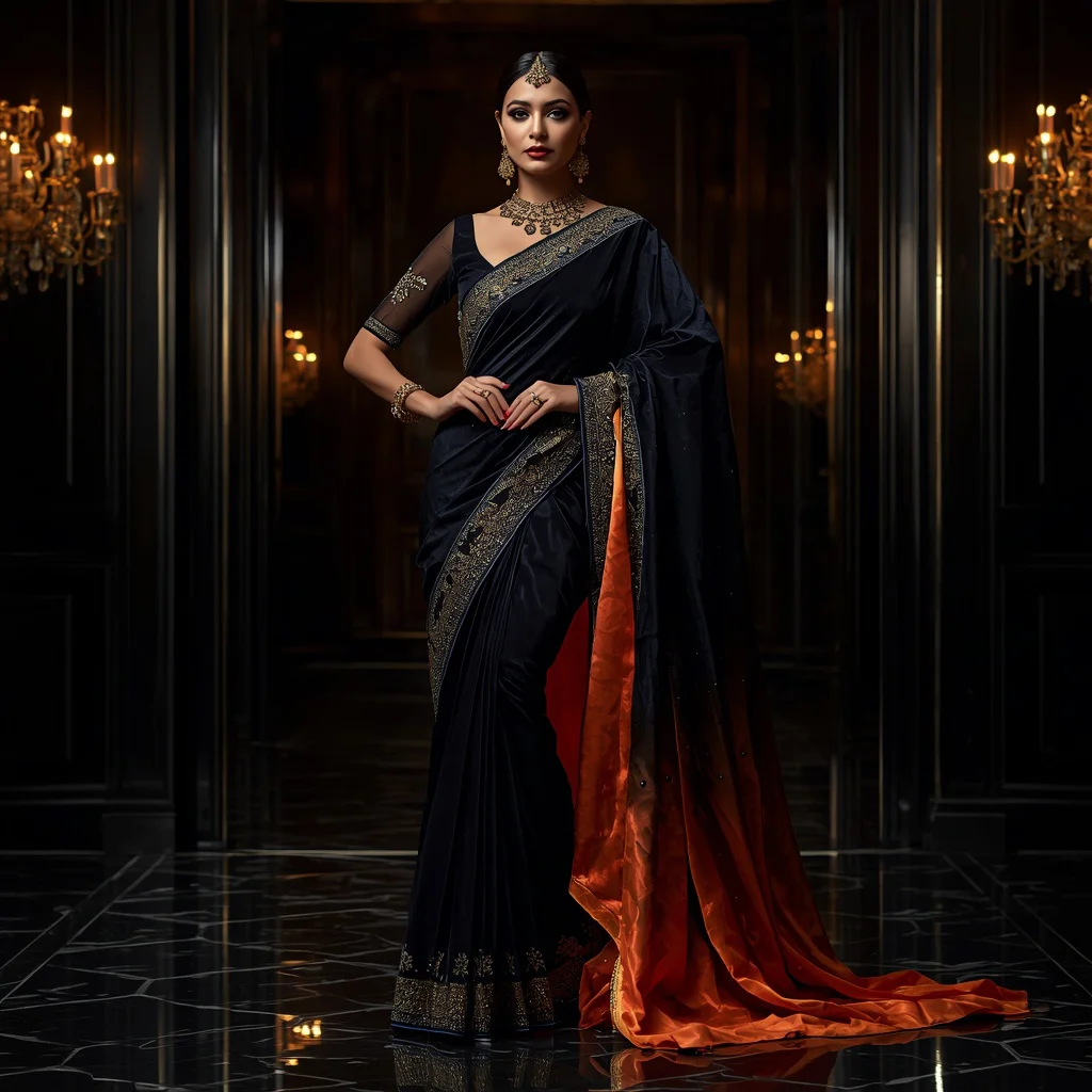 Black Velvet Galaxy Flame Saree – Rich Glam Saree with Standing Pose and Black Galaxy Flame Hall Background | gemini ai photo prompt copy paste trending 2026 instagram - New 10 Playful Young Girl Saree AI Prompts for Story Time Sessions AI Prompt