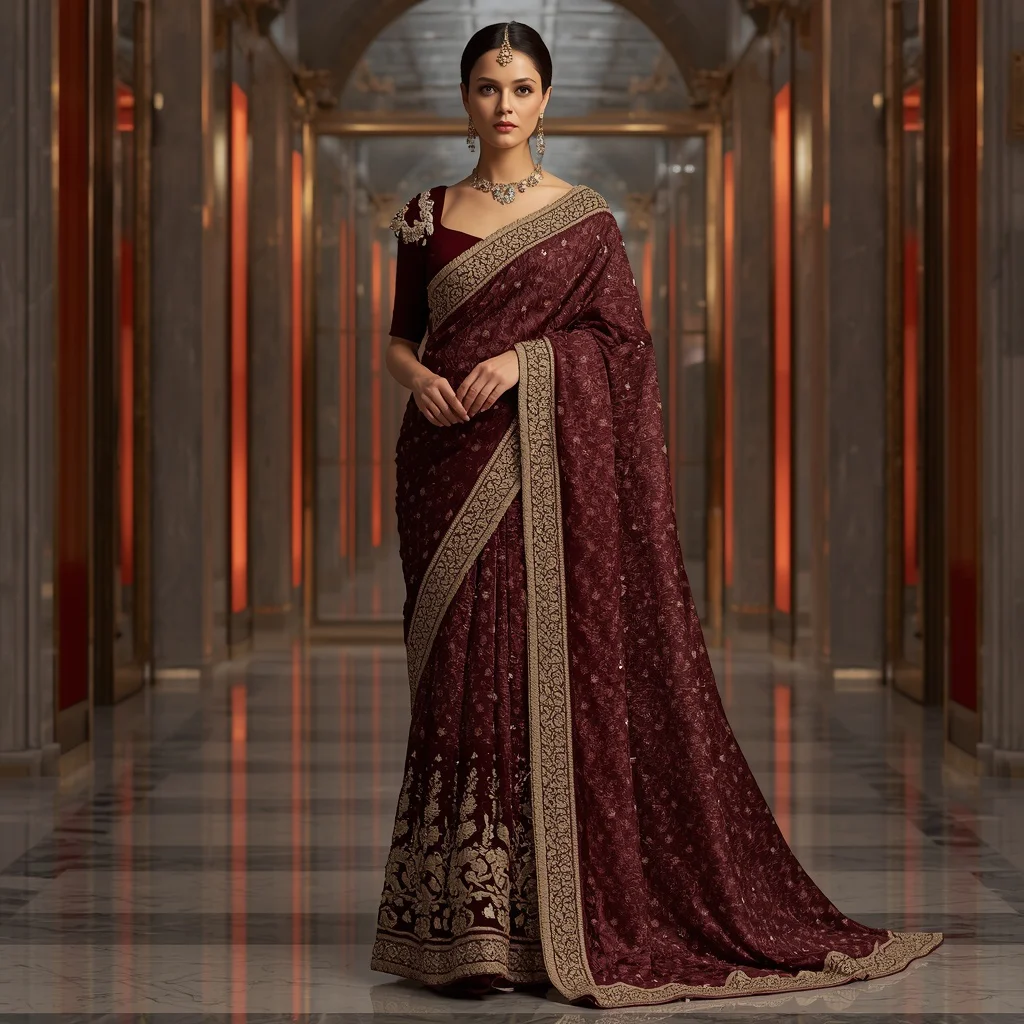 Burgundy Royal Mirror Saree with Regal Light Atrium | Red saree prompt for ChatGPT - Top 10 Charming Teen Saree AI Image Prompts for School Art Exhibitions AI Prompt