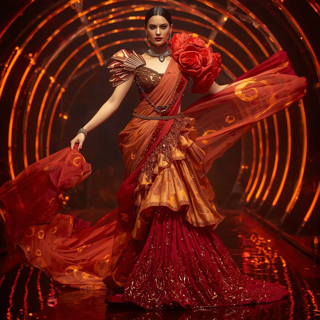 Burning Rose Armor Saree with Flame Corridor Lights | red saree prompt for chatgpt - Artistic Batik Print Saree AI Prompts for Bohemian Style AI Prompt
