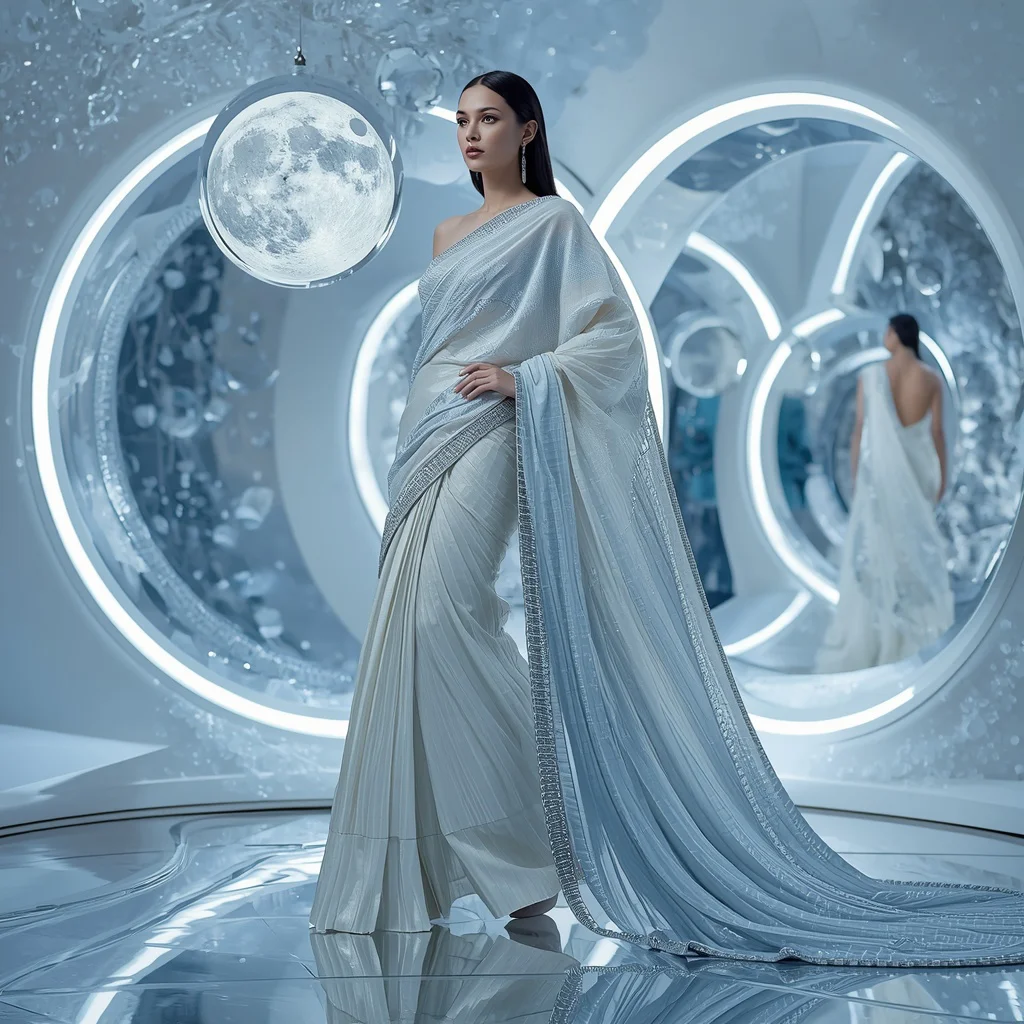 Celestial Waterfall Saree with Floating Moon Mirrors | prompt for saree for wedding in english - Artistic Batik Print Saree AI Prompts for Bohemian Style AI Prompt