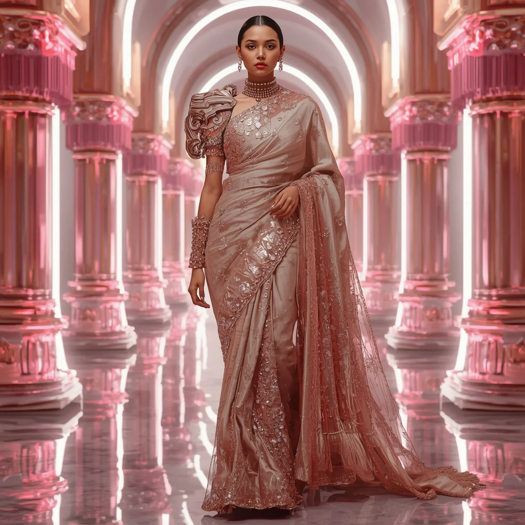 Champagne Quantum Flame Saree with Floating Laser Infinity Temples | new ai prompt girl - Glamorous Black and Gold Saree AI Prompts for Elegant Events AI Prompt