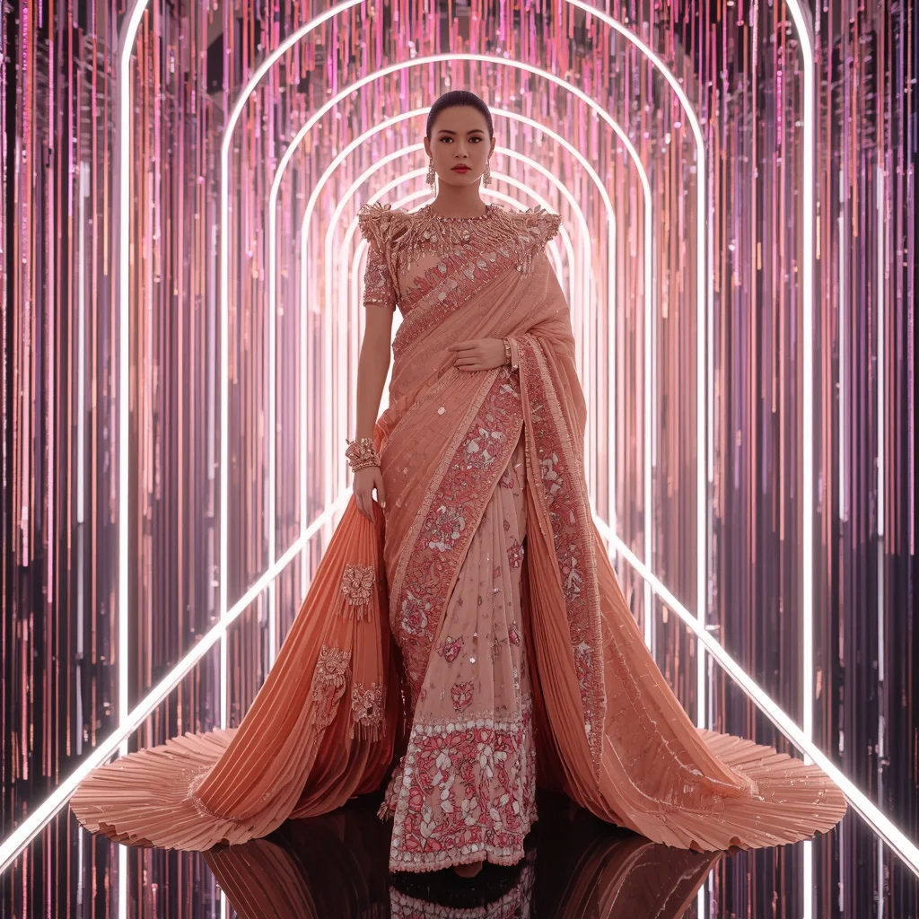 Champagne Solar Royale Saree with Floating Laser Infinity Corridors | new ai prompt for image generation free - Classic Khadi Saree AI Image Prompts for Authentic Simplicity AI Prompt