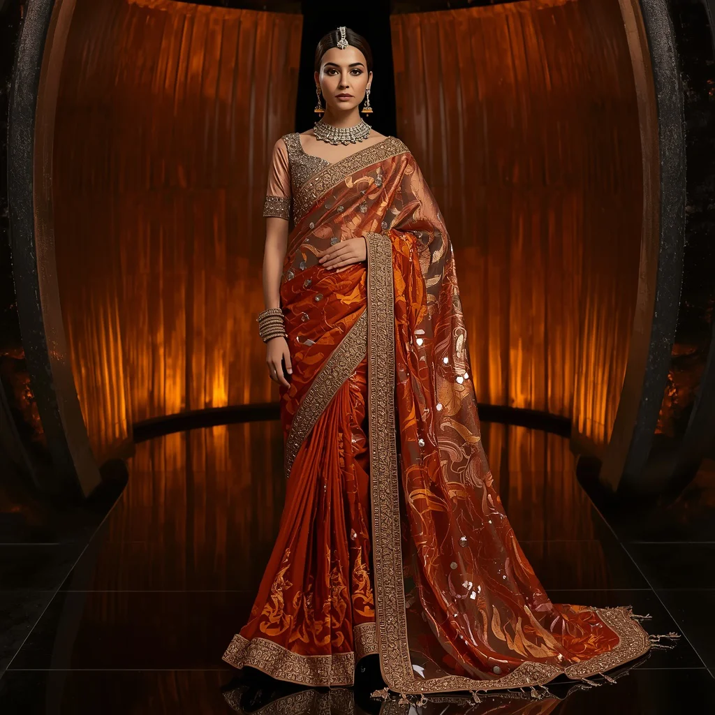 Copper Ember Flame Saree with Sculptural Fire Pavilion | best prompt for ai image generator free - Top 10 Charming Teen Saree AI Image Prompts for School Art Exhibitions AI Prompt