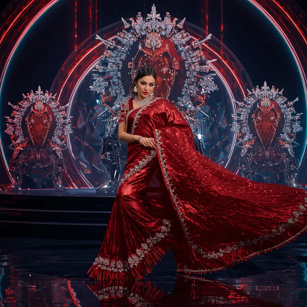 Crimson Aurora Flame Saree with Floating Infinity Neon Thrones | retro style prompt for gemini girl in saree - Traditional Sambalpuri Ikkat Saree AI Prompts for Odisha Festivals AI Prompt