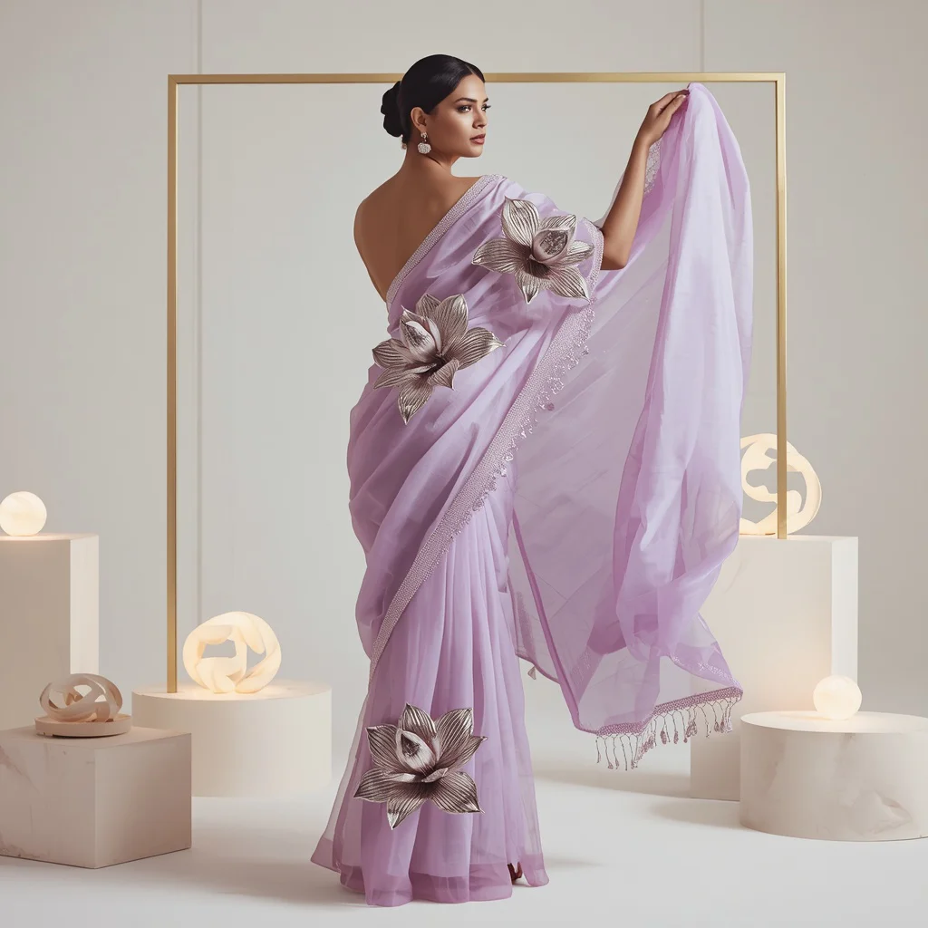 Crushed Diamond Sheet & 3D Metallic Lotus Saree | Pallu Lift Curve Frame Pose | prompt for ai image editing - Best 10 Serene Child Saree AI Prompts for Forest Stream Contemplation AI Prompt