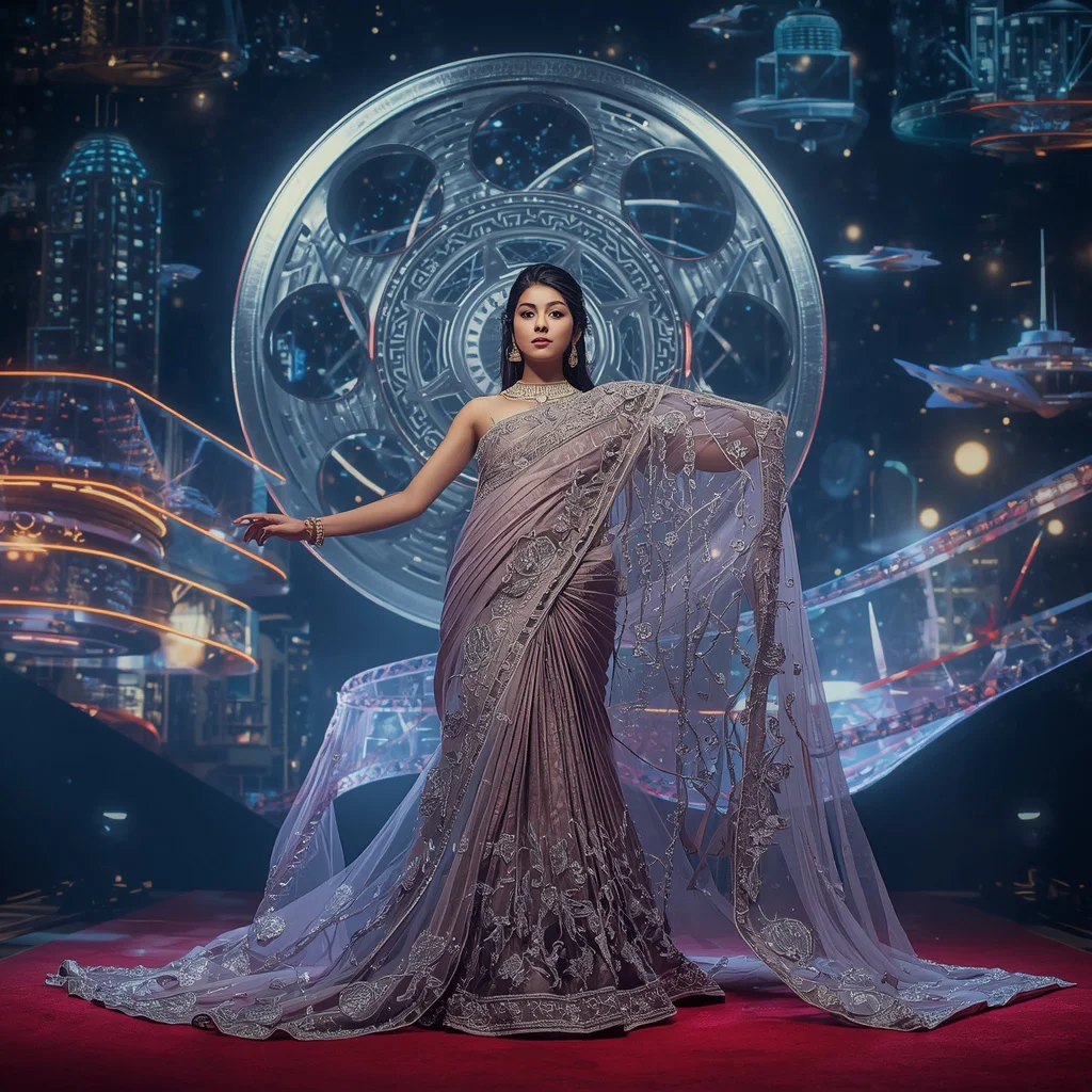 Crystal Cinema Reel Saree with Floating Hollywood Megacity | new instagram trend prompt for girl aesthetic - Bohemian Tie-Dye Saree AI Prompts for Festival Vibes AI Prompt
