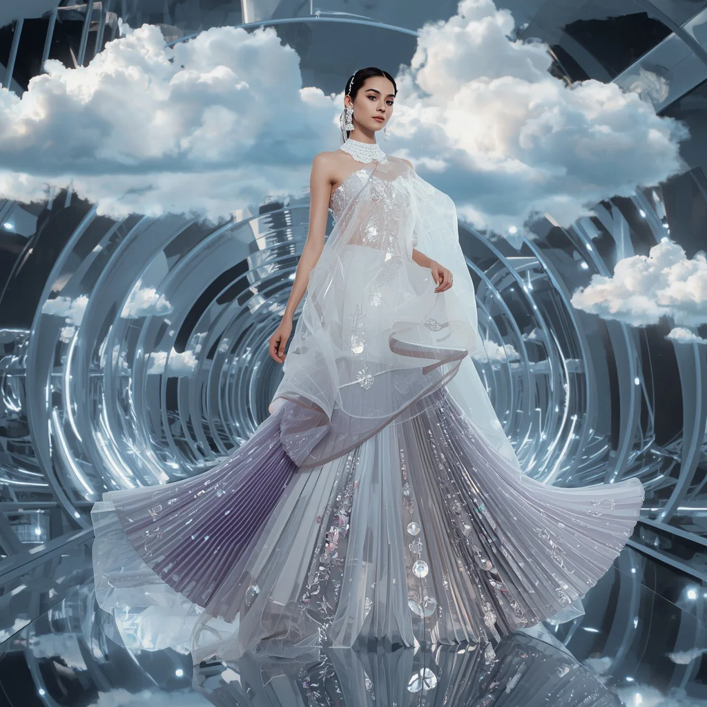 Crystal Cloud Fantasy Saree with Floating Sky Mirrors | new trending prompt chatgpt - Artistic Batik Print Saree AI Prompts for Bohemian Style AI Prompt
