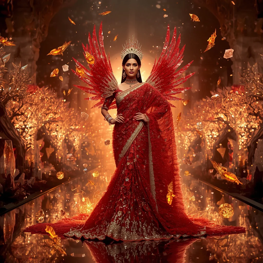 Crystal Crowned Phoenix Nest Saree with Celestial Fire Garden | new ai prompt for image generation free - Professional Grey Saree AI Image Prompts for Modern Offices AI Prompt