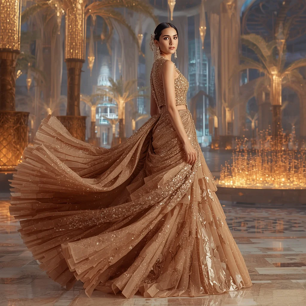 Crystal Desert Mirage Saree with Floating Oasis Megacity | ChatGPT saree prompt in english - Best 10 Artistic Child Saree AI Prompts for Cartoon Character Designs AI Prompt