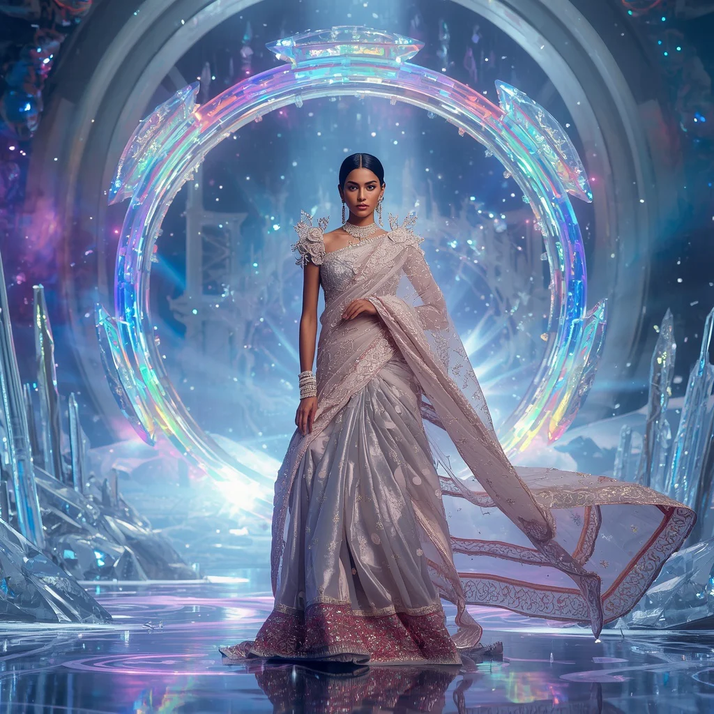 Crystal Dream Portal Saree with Floating Multiverse Gate Architecture | traditional saree prompt in english for wedding - Professional Grey Saree AI Image Prompts for Modern Offices AI Prompt