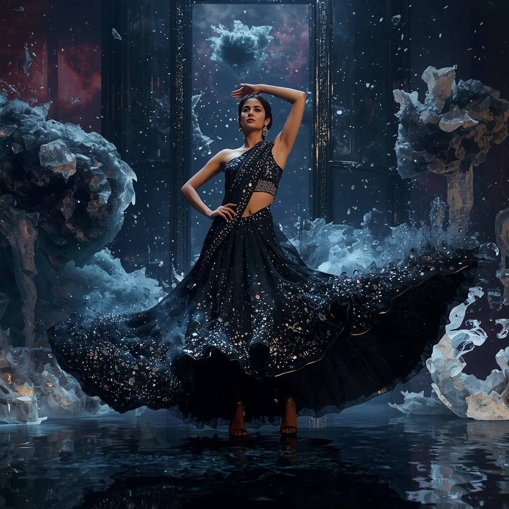 Crystal Ink Explosion Saree with Infinite Art Dimension | saree whatsapp dp ai prompt - Professional Grey Saree AI Image Prompts for Modern Offices AI Prompt
