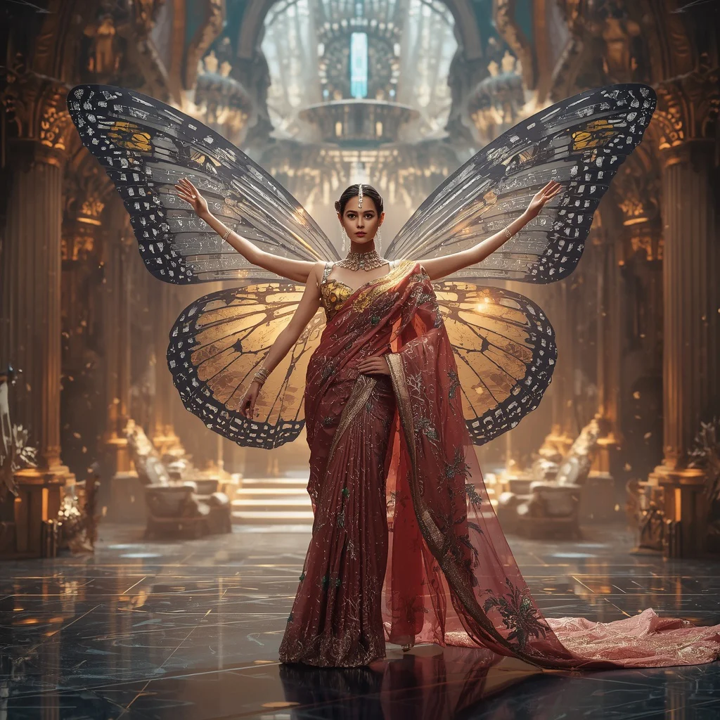 Crystal Mechanical Butterfly Saree with Luxury Transformation Kingdom | trending saree gemini prompt in hindi - Professional Grey Saree AI Image Prompts for Modern Offices AI Prompt