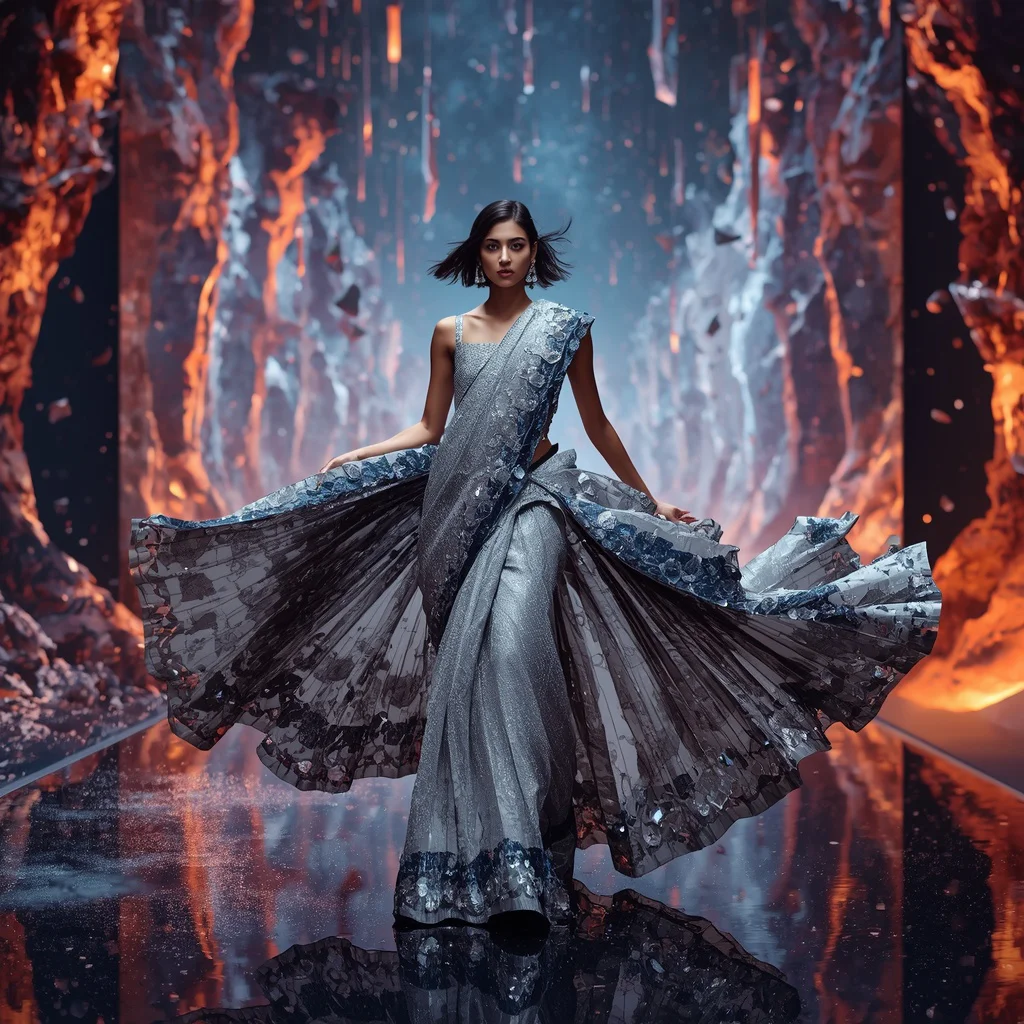 Crystal Meteor Rain Saree with Floating Galaxy Canyon Empire | Retro style prompt for gemini girl in saree instagram - Best 10 Artistic Child Saree AI Prompts for Cartoon Character Designs AI Prompt