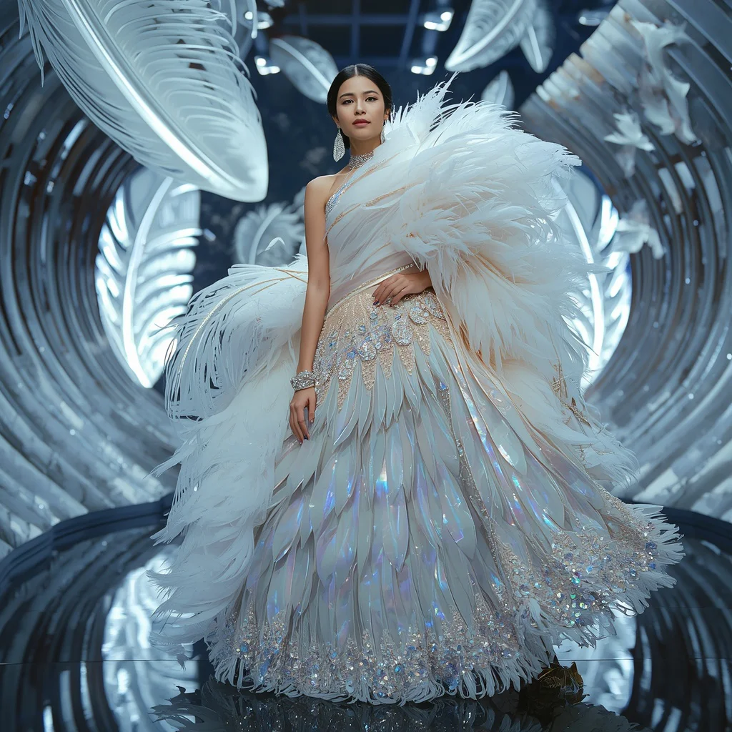 Crystal Swan Lake Saree with Floating Feather Lights | saree photoshoot ai prompt - Classic Khadi Saree AI Image Prompts for Authentic Simplicity AI Prompt