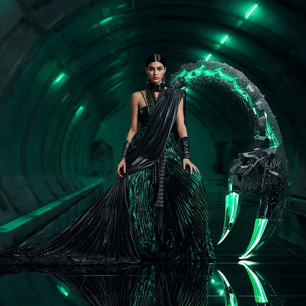 Cyber Scorpion Queen Saree with Electric Tail Architecture | ai image prompt generator free - Artistic Batik Print Saree AI Prompts for Bohemian Style AI Prompt