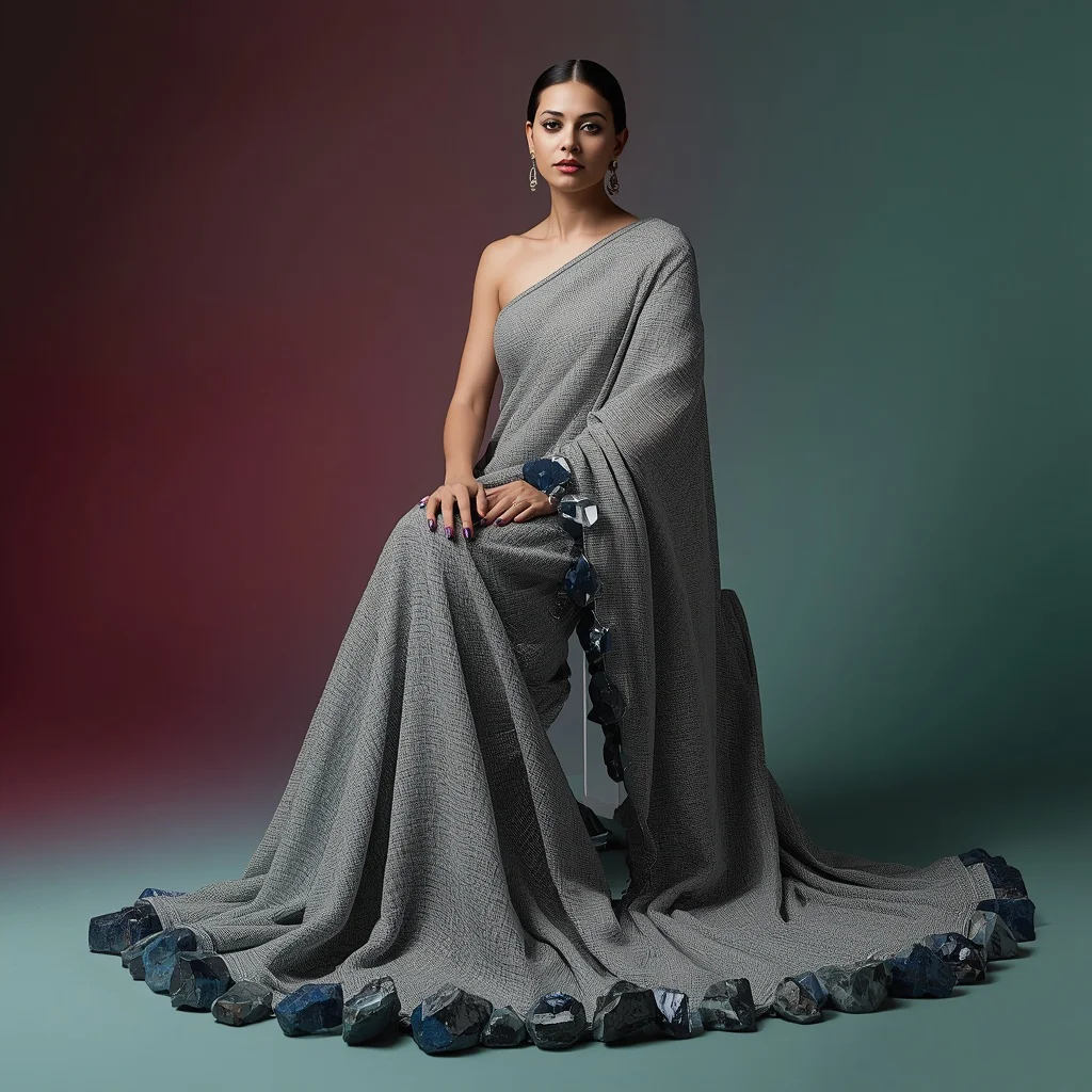 Dense Platinum Chainmail Saree with Raised Raw Sapphire Crystal Geodes | aesthetic saree prompt for chatgpt - Classic Pastel Silk Saree AI Image Prompts for Subtle Sophistication AI Prompt