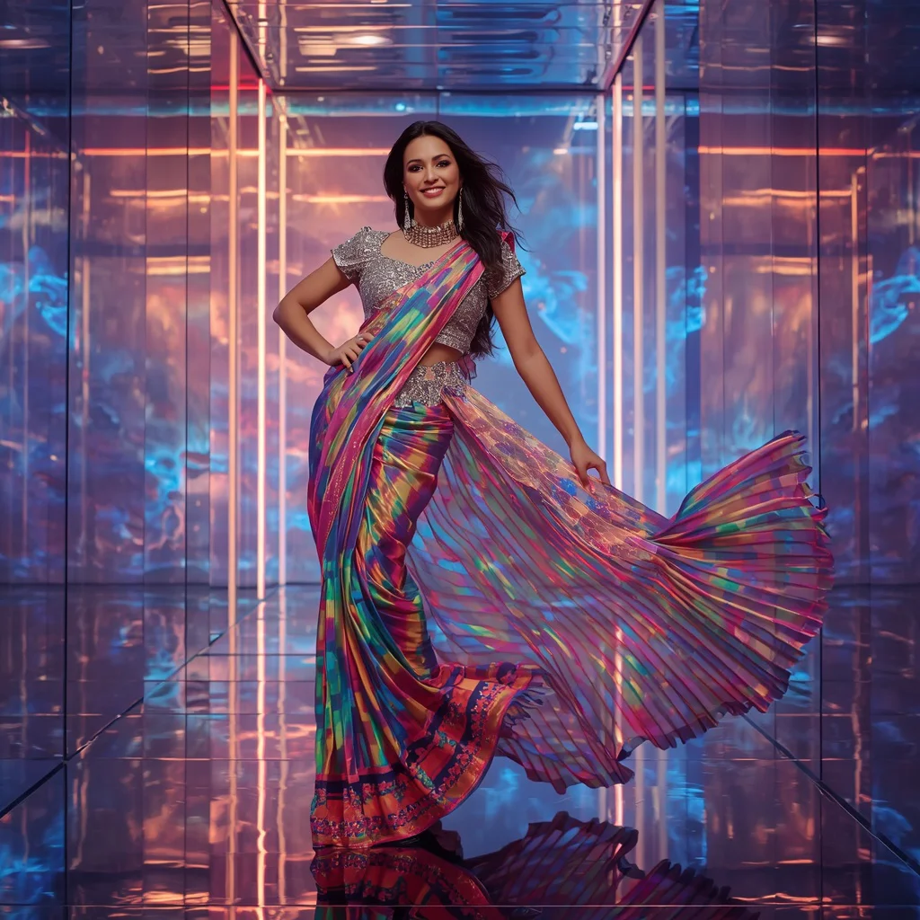 Designer Rainbow Aurora Wave Saree Look with Cosmic Prism Hall Background | prompt for traditional look for girl chatgpt instagram - Top 10 Modern Teen Saree AI Prompts for Fashion Design Workshops AI Prompt