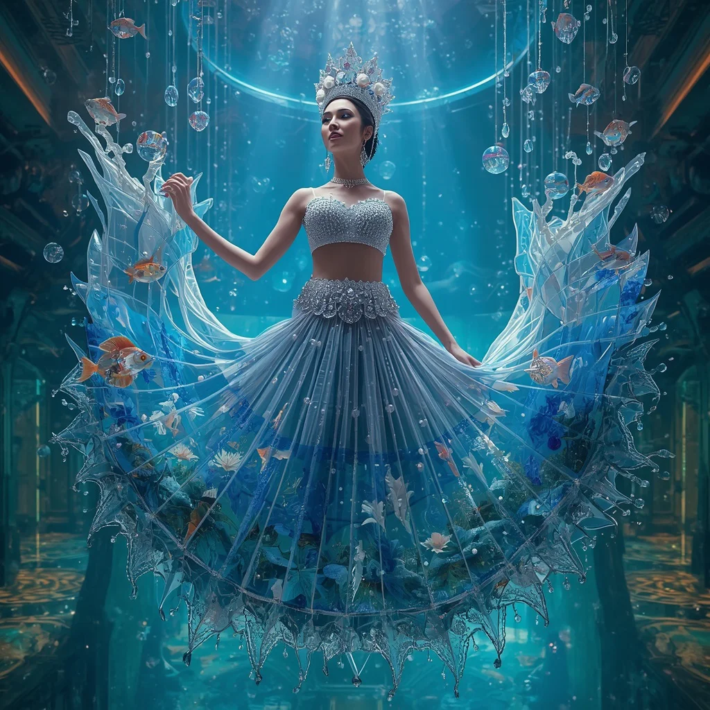 Diamond Crown Aquarium Saree with Floating Crystal Marine Palace | traditional saree prompt for instagram - Professional Grey Saree AI Image Prompts for Modern Offices AI Prompt