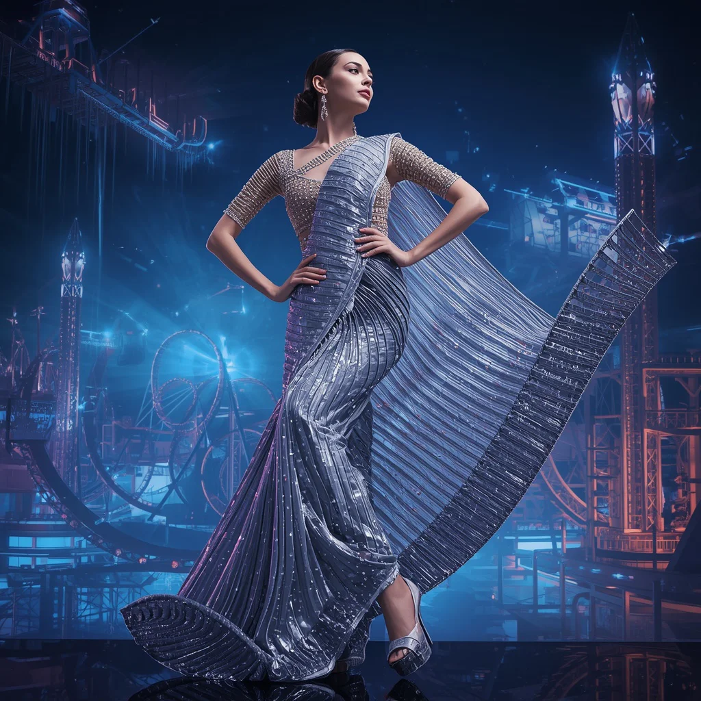 Diamond Roller Coaster Saree with Floating Adrenaline Kingdom | Red saree prompt for ChatGPT - Top 10 Modern Teen Saree AI Prompts for Fashion Design Workshops AI Prompt