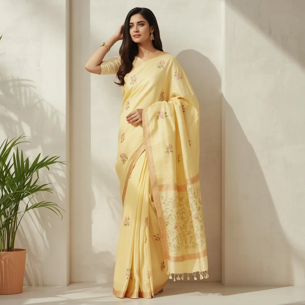 Effortless Elegance: Pastel Yellow Linen Saree with Delicate Flora Prints and Minimalist Shadow Wall Design | saree instagram ai prompt - Top 10 Charming Teen Saree AI Image Prompts for School Band Concerts AI Prompt