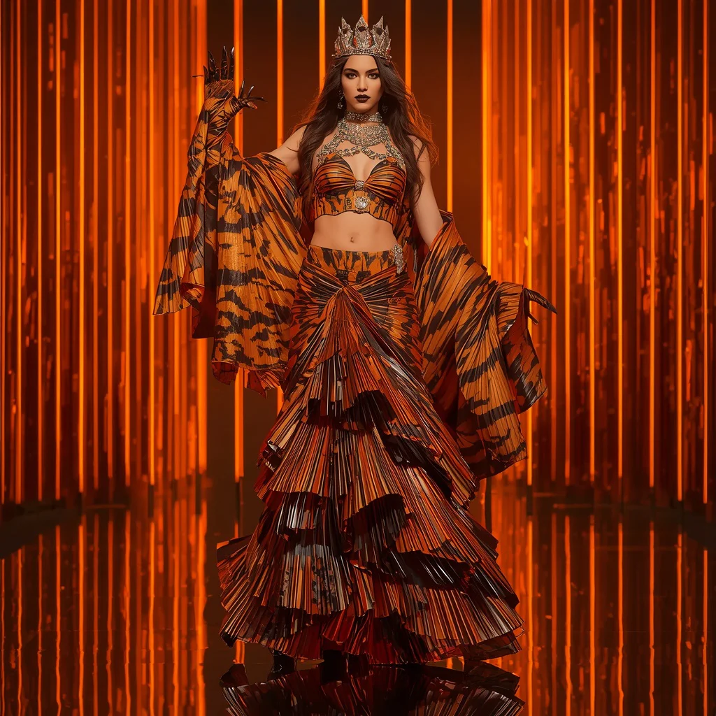 Electric Tiger Queen Saree with Laser Jungle Walls | aesthetic saree prompt for chatgpt - Classic Khadi Saree AI Image Prompts for Authentic Simplicity AI Prompt