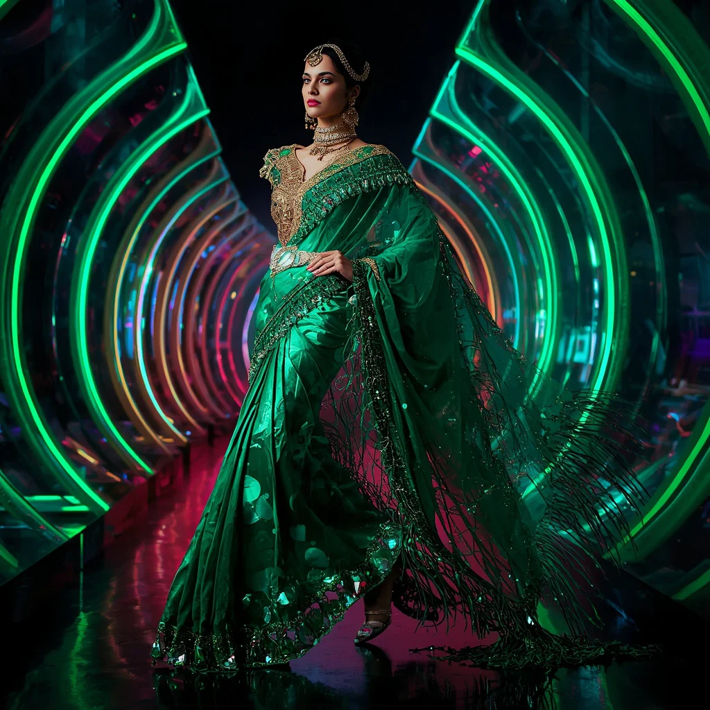 Emerald Celestial Mirage Saree with Curved Plasma Infinity Domes | ai prompt examples - Glamorous Black and Gold Saree AI Prompts for Elegant Events AI Prompt