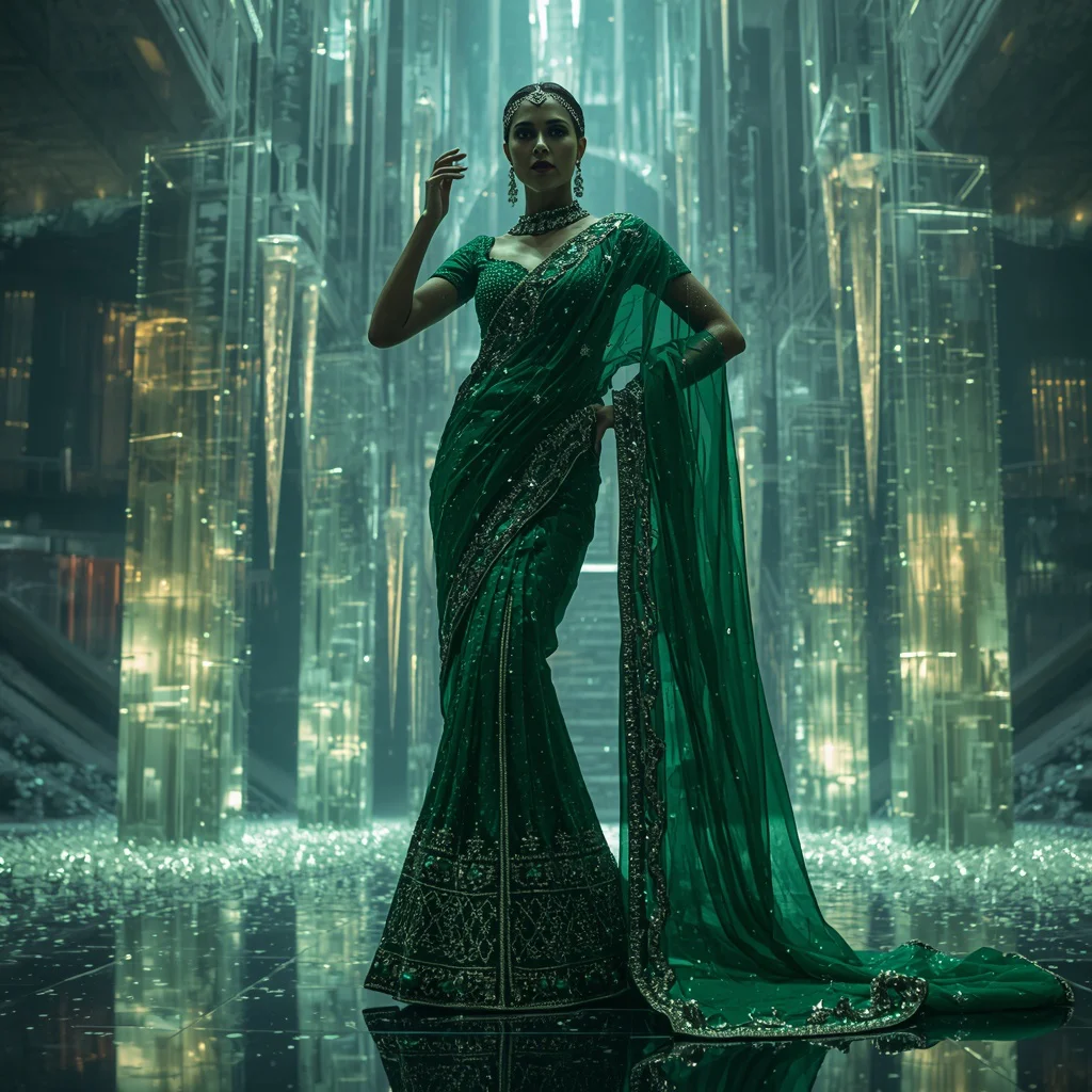 Emerald Crystal Maze Tower Saree with Impossible Geometry Empire | prompt for traditional look for girl chatgpt - Professional Grey Saree AI Image Prompts for Modern Offices AI Prompt
