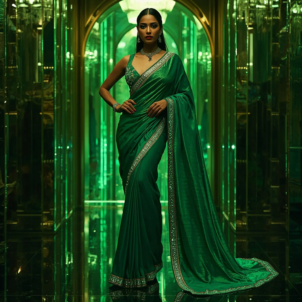 Emerald Laser Moon Saree – Modern Celebrity Saree with Editorial Pose and Emerald Laser Palace Background | prompt for traditional look for girl instagram - New 10 Playful Young Girl Saree AI Prompts for Story Time Sessions AI Prompt