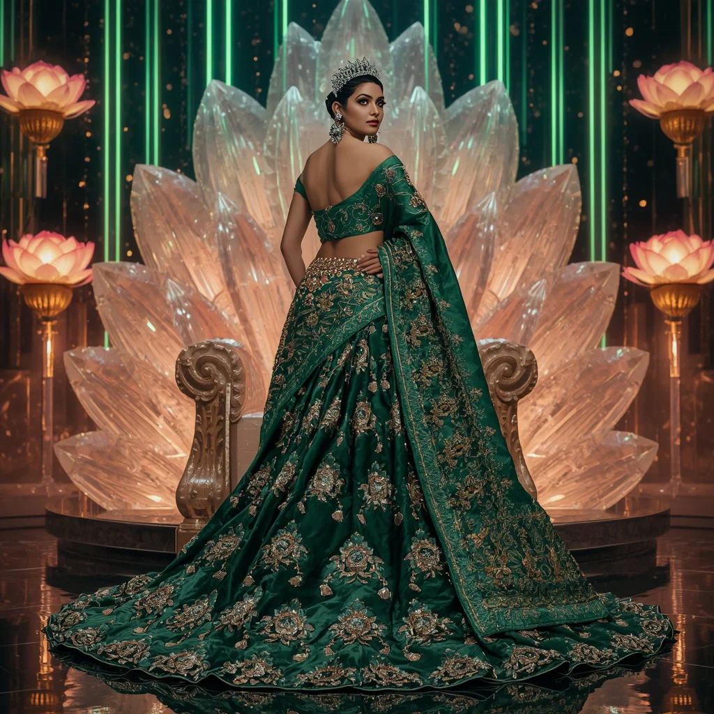 Emerald Lotus Throne Empress Saree with Floating Crystal Lotus Citadel | prompt for gemini ai girl style trending instagram link - Best 10 Serene Child Saree AI Prompts for Garden Pond Reflections AI Prompt