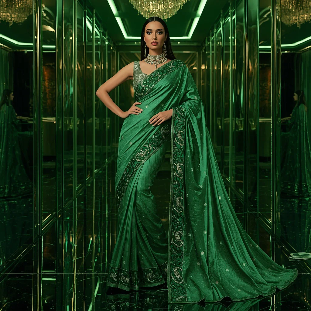 Emerald Mirror Galaxy Saree – Modern Celebrity Saree with Editorial Pose and Emerald Laser Palace Background | trending, saree gemini prompt - Ethereal Pastel Handloom Saree AI Prompts for Serene Retreats AI Prompt