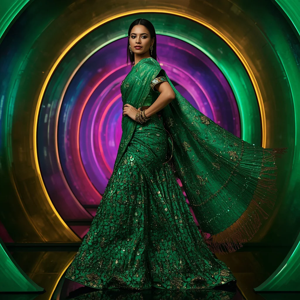 Emerald Nova Prism Saree with Curved Plasma Infinity Temples | trending saree prompt for girl instagram - Glamorous Black and Gold Saree AI Prompts for Elegant Events AI Prompt
