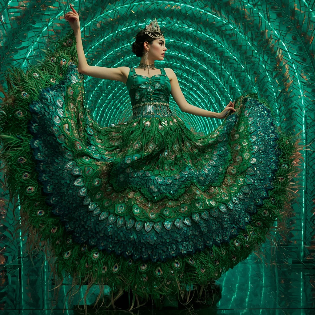 Emerald Peacock Crown Saree with Holographic Feather Corridor | free prompt for girls college - Best 10 Serene Child Saree AI Prompts for Garden Pond Reflections AI Prompt