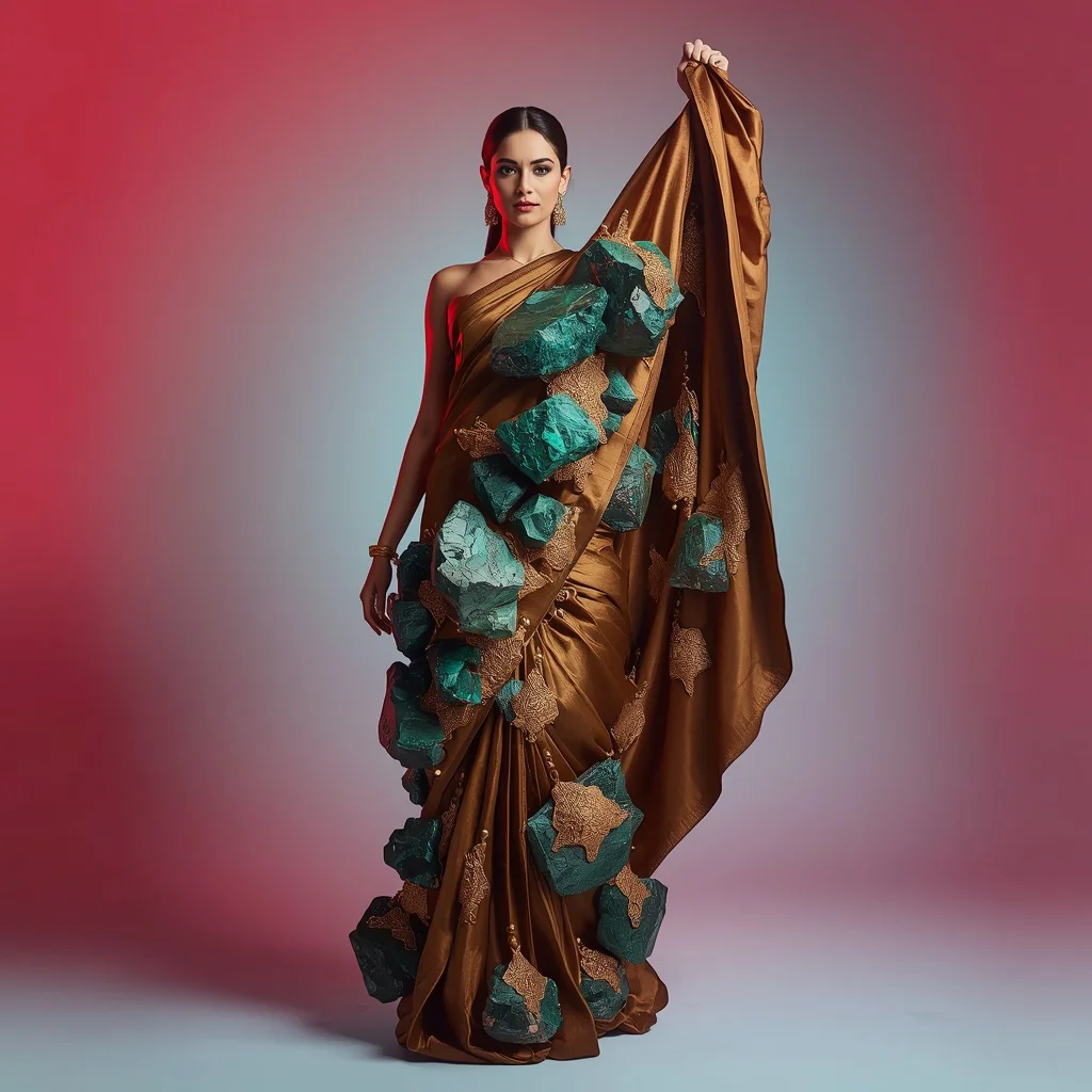 Extravagant Molten Bronze Saree with Massive 3D Raw Malachite Chunks | best saree prompt for chatgpt - Classic Pastel Silk Saree AI Image Prompts for Subtle Sophistication AI Prompt