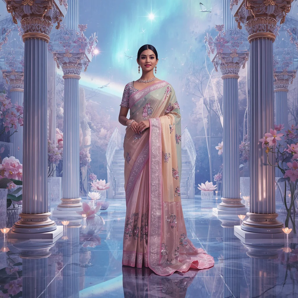 Festive Pastel Saree Aurora Crystal Galaxy Palace Luxury Editorial Fantasy | gemini traditional saree prompt in english - Artistic Painted Saree AI Prompts for Unique Expression AI Prompt