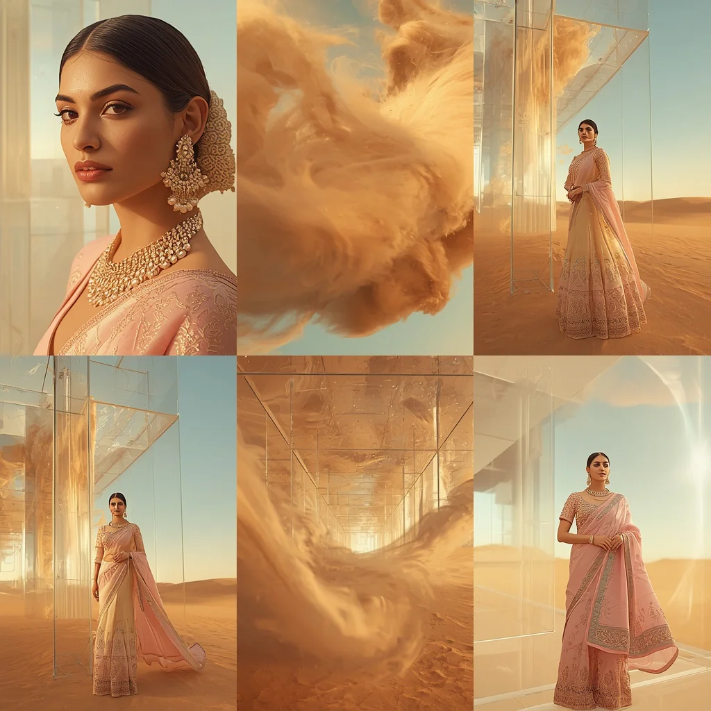 Festive Pastel Saree Luxury Giant Floating Glass Sandstorm Palace Fashion Editorial Collage | viral peacock saree prompt - Traditional Uppada Silk Saree AI Image Prompts for Royal Appeal AI Prompt