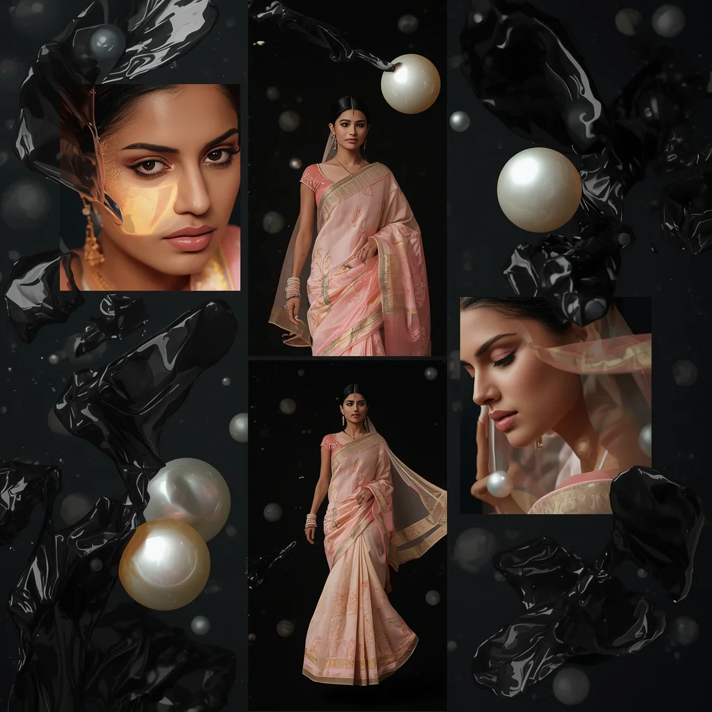 Festive Pastel Saree Magnetic Putty and Pearl Void Collage Luxury Cinematic | prompt for saree for wedding in english - Best 10 Serene Child Saree AI Prompts for Forest Stream Contemplation AI Prompt