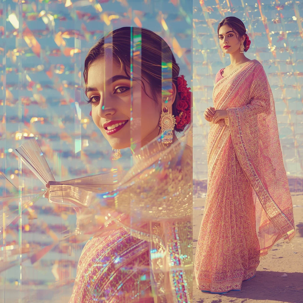 Festive Pastel Saree Prismatic Graphene Matrix Collage Premium Cinematic | ChatGPT prompt for saree look - Best 10 Serene Child Saree AI Prompts for Forest Stream Contemplation AI Prompt