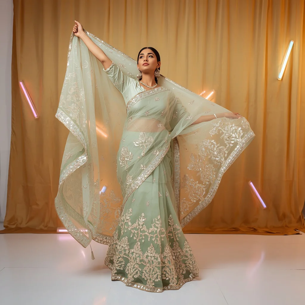 Fiber Optic Bonsai & Massive Sequins Saree | Pallu Lift Above Arm Grace Pose | Chatgpt prompt for saree look for girl - Top 10 Charming Teen Saree AI Image Prompts for School Band Concerts AI Prompt