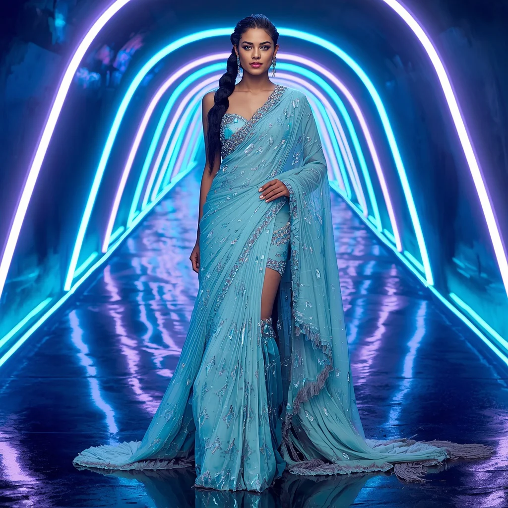 Frozen Diamond Galaxy Saree with Neon Wave Infinity Bridges | chatgpt saree prompt instagram - Glamorous Black and Gold Saree AI Prompts for Elegant Events AI Prompt