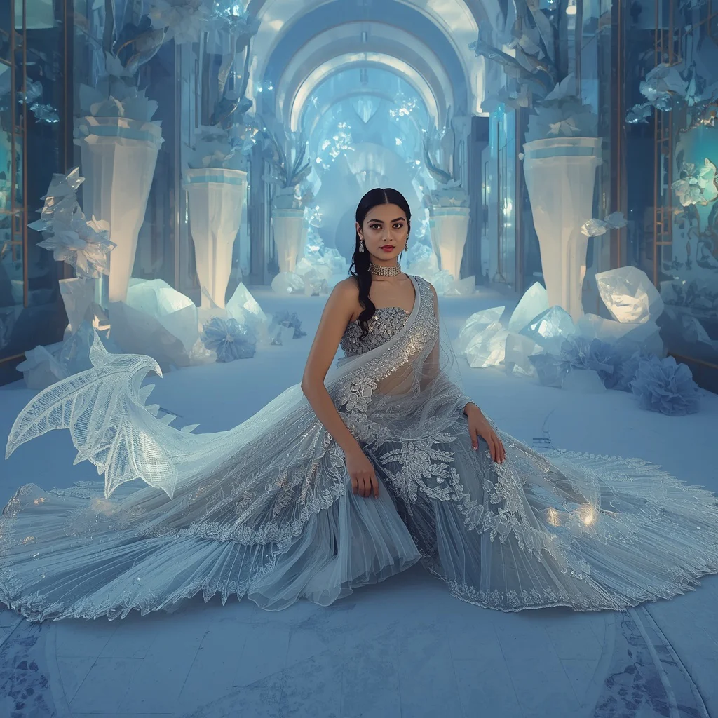 Frozen Dragon Bloom Saree with Crystal Glacier Sanctuary | traditional saree prompt for girl images - Best 10 Artistic Child Saree AI Prompts for Cartoon Character Designs AI Prompt