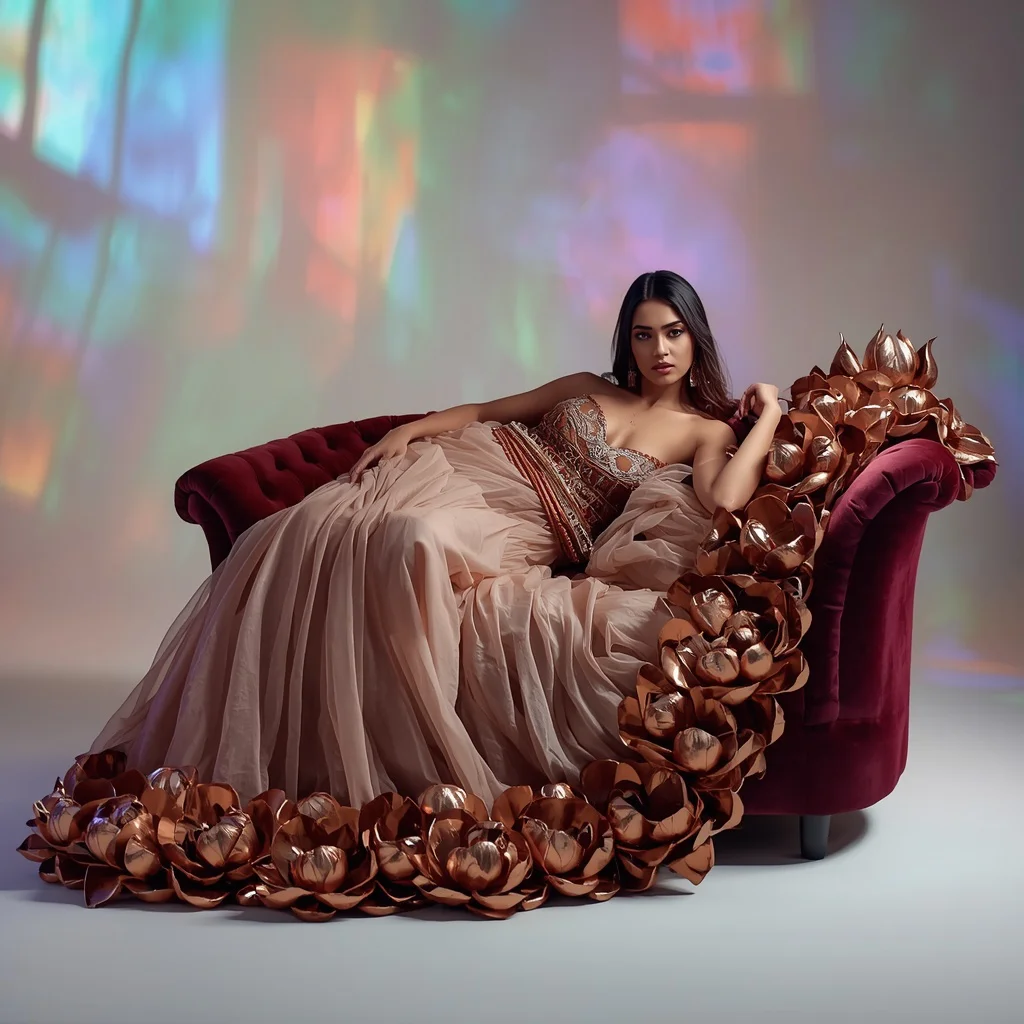 Full Body 3D Metallic Lotus Border Silk Saree Sofa Slouch | prompt generator from image - Top 10 Modern Teen Saree AI Prompts for Science Fair Presentations AI Prompt